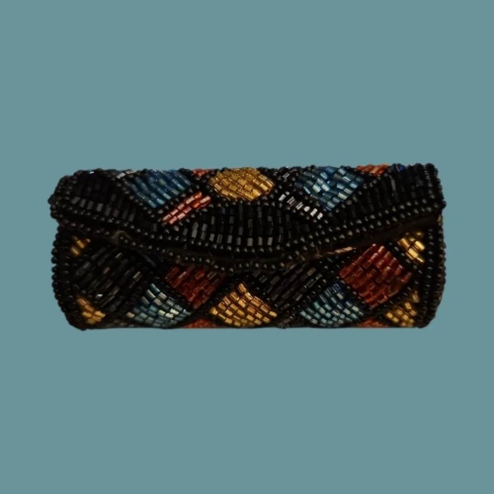Vintage Colorful Rainbow Glass Beaded Hard Shell Lipstick Case